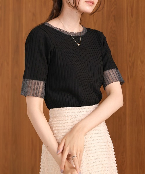 Bab(バブ)の「シアー使い5分袖リブニットトップス/サマーニット(Tシャツ/カットソー・レディース・アイボリー/ブルー/ブラック/パープル/チャコールグレー/ベージュ/ブラウン・FREE)」の19枚目の写真