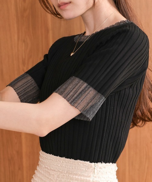 Bab(バブ)の「シアー使い5分袖リブニットトップス/サマーニット(Tシャツ/カットソー・レディース・アイボリー/ブルー/ブラック/パープル/チャコールグレー/ベージュ/ブラウン・FREE)」の20枚目の写真