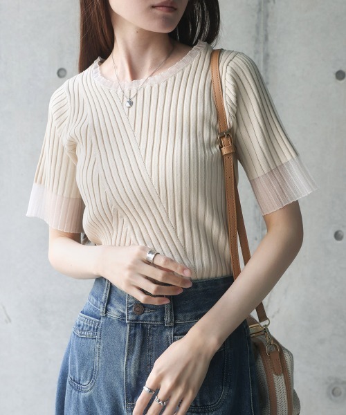 Bab(バブ)の「シアー使い5分袖リブニットトップス/サマーニット(Tシャツ/カットソー・レディース・アイボリー/ブルー/ブラック/パープル/チャコールグレー/ベージュ/ブラウン・FREE)」の8枚目の写真