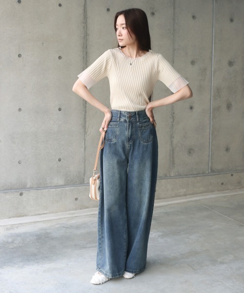 Bab(バブ)の「シアー使い5分袖リブニットトップス/サマーニット(Tシャツ/カットソー・レディース・アイボリー/ブルー/ブラック/パープル/チャコールグレー/ベージュ/ブラウン・FREE)」の9枚目の写真