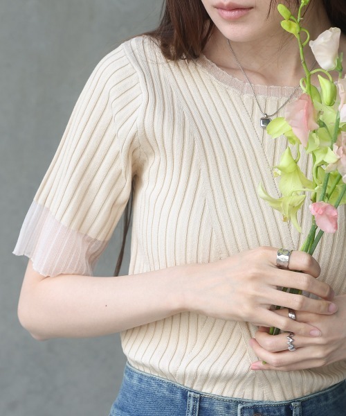 Bab(バブ)の「シアー使い5分袖リブニットトップス/サマーニット(Tシャツ/カットソー・レディース・アイボリー/ブルー/ブラック/パープル/チャコールグレー/ベージュ/ブラウン・FREE)」の11枚目の写真
