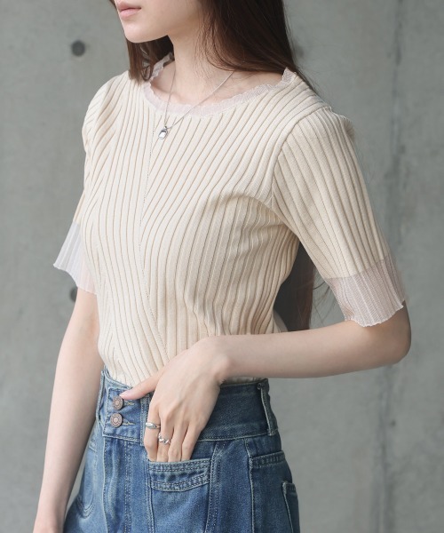 Bab(バブ)の「シアー使い5分袖リブニットトップス/サマーニット(Tシャツ/カットソー・レディース・アイボリー/ブルー/ブラック/パープル/チャコールグレー/ベージュ/ブラウン・FREE)」の12枚目の写真