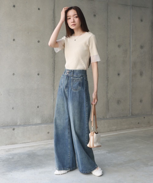 Bab(バブ)の「シアー使い5分袖リブニットトップス/サマーニット(Tシャツ/カットソー・レディース・アイボリー/ブルー/ブラック/パープル/チャコールグレー/ベージュ/ブラウン・FREE)」の13枚目の写真