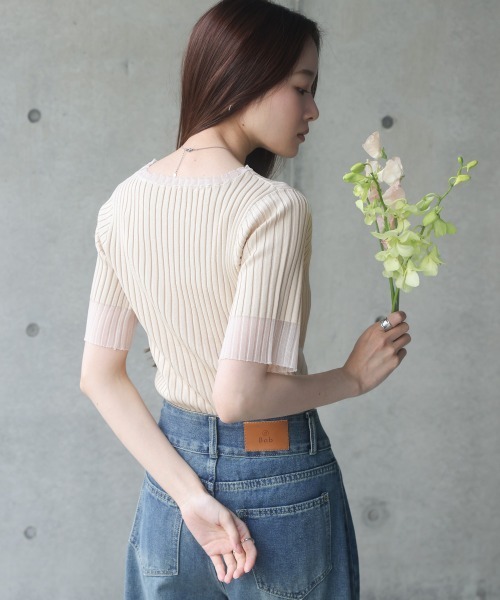 Bab(バブ)の「シアー使い5分袖リブニットトップス/サマーニット(Tシャツ/カットソー・レディース・アイボリー/ブルー/ブラック/パープル/チャコールグレー/ベージュ/ブラウン・FREE)」の15枚目の写真
