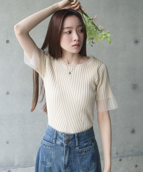 セール】シアー使い5分袖リブニットトップス/サマーニット（T