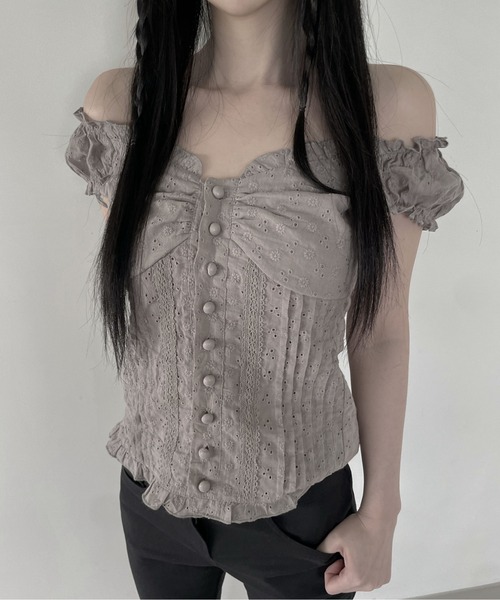 gossip！ロサンゼルス（ゴシップロサンゼルス）の「Y2K フリル×コット ビスチェ  トップス（Tシャツ/カットソー・レディース・ホワイト/ブラウン・FREE）」の2枚目の写真