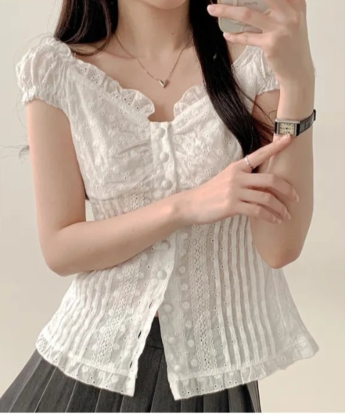 gossip！ロサンゼルス（ゴシップロサンゼルス）の「Y2K フリル×コット ビスチェ  トップス（Tシャツ/カットソー・レディース・ホワイト/ブラウン・FREE）」の13枚目の写真