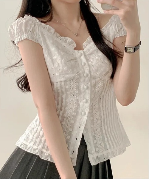 gossip！ロサンゼルス（ゴシップロサンゼルス）の「Y2K フリル×コット ビスチェ  トップス（Tシャツ/カットソー・レディース・ホワイト/ブラウン・FREE）」の14枚目の写真