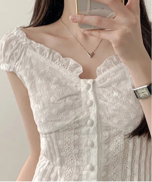 gossip！ロサンゼルス（ゴシップロサンゼルス）の「Y2K フリル×コット ビスチェ  トップス（Tシャツ/カットソー・レディース・ホワイト/ブラウン・FREE）」の4枚目の写真