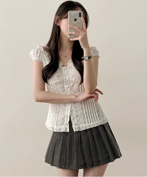 gossip！ロサンゼルス（ゴシップロサンゼルス）の「Y2K フリル×コット ビスチェ  トップス（Tシャツ/カットソー・レディース・ホワイト/ブラウン・FREE）」の5枚目の写真