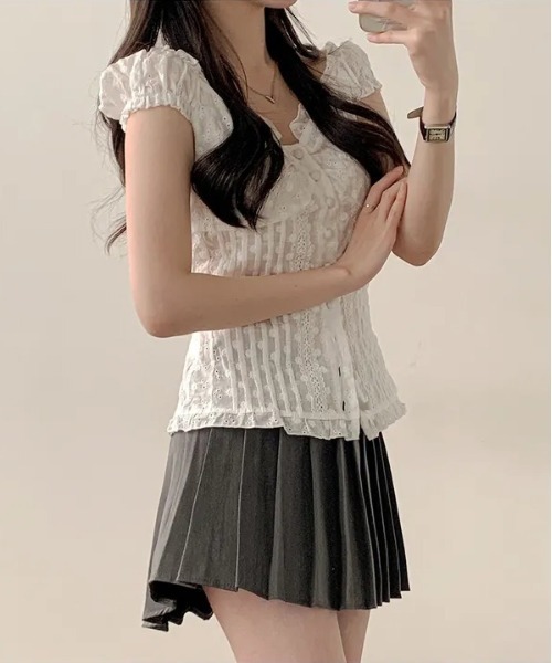 gossip！ロサンゼルス（ゴシップロサンゼルス）の「Y2K フリル×コット ビスチェ  トップス（Tシャツ/カットソー・レディース・ホワイト/ブラウン・FREE）」の6枚目の写真