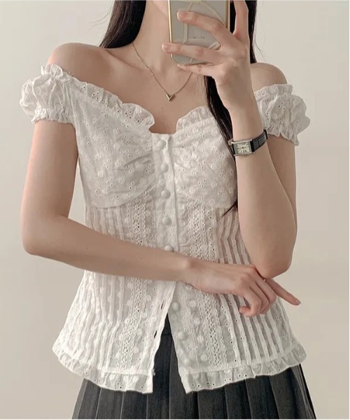 gossip！ロサンゼルス（ゴシップロサンゼルス）の「Y2K フリル×コット ビスチェ  トップス（Tシャツ/カットソー・レディース・ホワイト/ブラウン・FREE）」の9枚目の写真