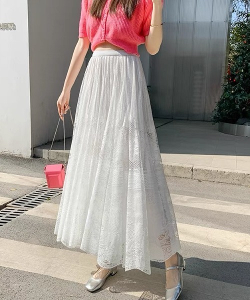 gossip!ロサンゼルス(ゴシップロサンゼルス)の「夢見がちレース総柄!ウエストゴムフラワー刺繍レースロングスカート(スカート・レディース・ブラック/オフホワイト/ホワイト・FREE)」の6枚目の写真