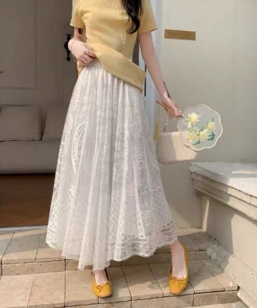 gossip!ロサンゼルス(ゴシップロサンゼルス)の「夢見がちレース総柄!ウエストゴムフラワー刺繍レースロングスカート(スカート・レディース・ブラック/オフホワイト/ホワイト・FREE)」の8枚目の写真
