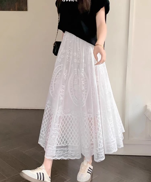 gossip!ロサンゼルス(ゴシップロサンゼルス)の「夢見がちレース総柄!ウエストゴムフラワー刺繍レースロングスカート(スカート・レディース・ブラック/オフホワイト/ホワイト・FREE)」の21枚目の写真