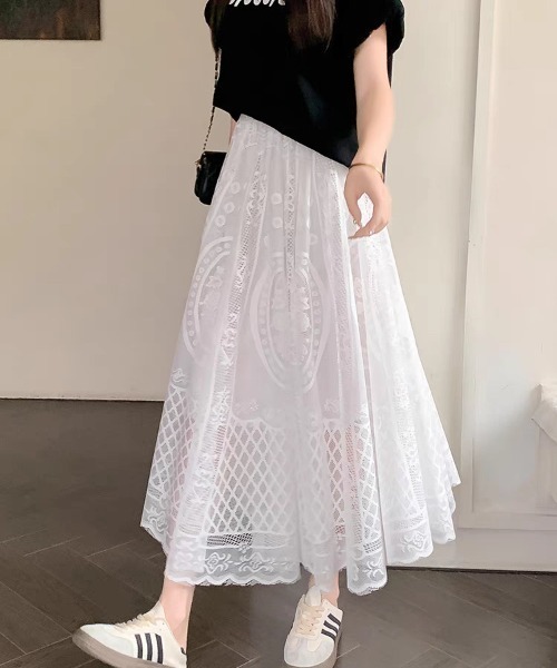 gossip!ロサンゼルス(ゴシップロサンゼルス)の「夢見がちレース総柄!ウエストゴムフラワー刺繍レースロングスカート(スカート・レディース・ブラック/オフホワイト/ホワイト・FREE)」の4枚目の写真