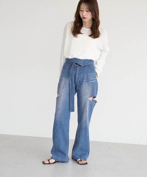カットアウトデニムパンツ　ラフィミー カットアウトデニムパンツ（デニムパンツ）｜raffime