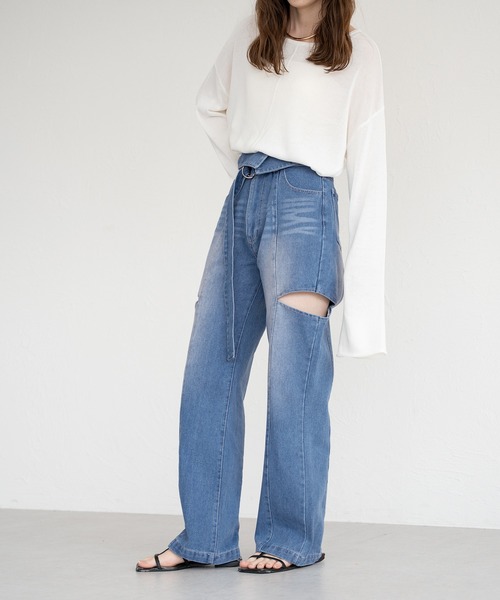 カットアウトデニムパンツ　ラフィミー カットアウトデニムパンツ（デニムパンツ）｜raffime