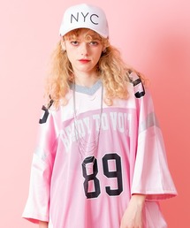 a.p.o.v. サテン×メッシュ×リブ切替ナンバリングオーバーサイズフットボールシャツ