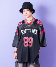 a.p.o.v. サテン×メッシュ×リブ切替ナンバリングオーバーサイズフットボールシャツ