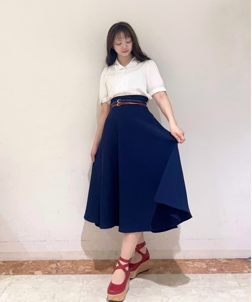 ダブルベルトサマーツイードフレアースカート 夏服（スカート