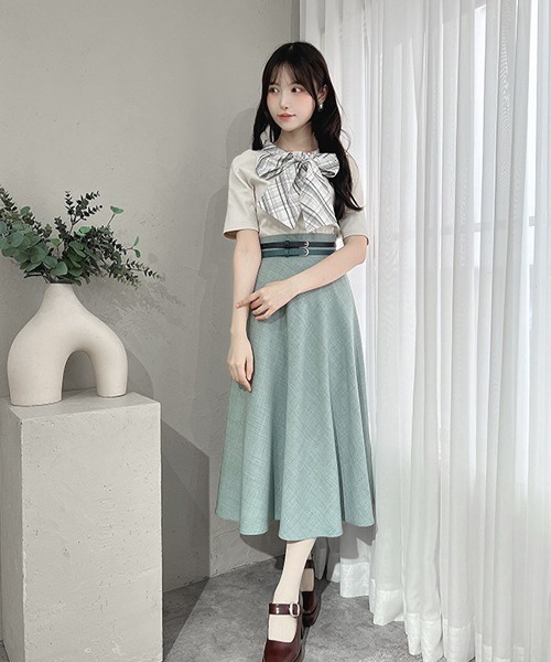 ダブルベルトサマーツイードフレアースカート 夏服（スカート
