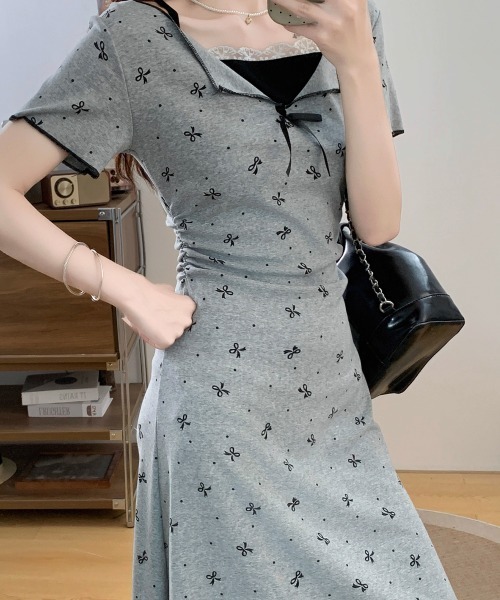 セール】リボン柄 スリムシルエット ロングワンピース