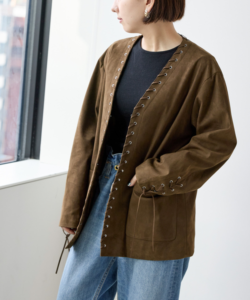 Bonum(ボナム)の「SUEDE-LIKE LACEUP JACKET(ノーカラージャケット・レディース・ブラウン・FREE)」の1枚目の写真