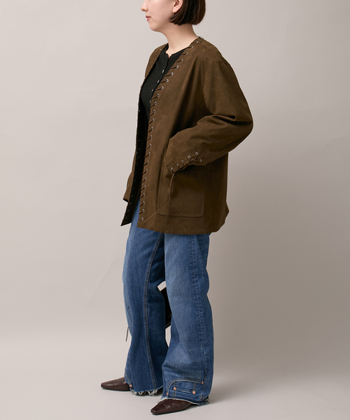 Bonum(ボナム)の「SUEDE-LIKE LACEUP JACKET(ノーカラージャケット・レディース・ブラウン・FREE)」の7枚目の写真