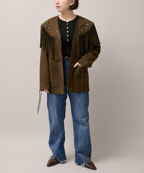 Bonum(ボナム)の「SUEDE-LIKE LACEUP JACKET(ノーカラージャケット・レディース・ブラウン・FREE)」の6枚目の写真
