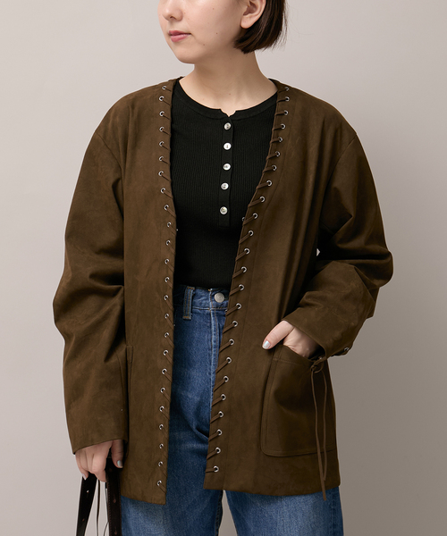Bonum(ボナム)の「SUEDE-LIKE LACEUP JACKET(ノーカラージャケット・レディース・ブラウン・FREE)」の20枚目の写真