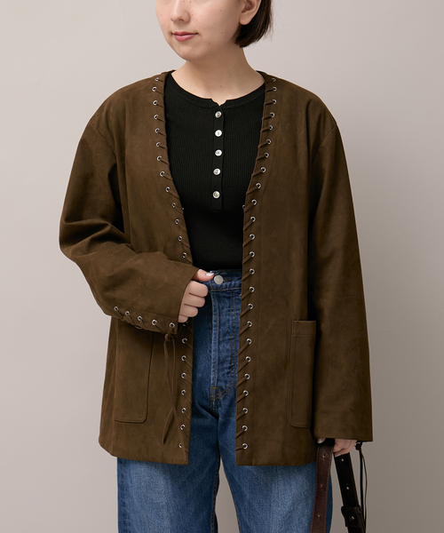 Bonum(ボナム)の「SUEDE-LIKE LACEUP JACKET(ノーカラージャケット・レディース・ブラウン・FREE)」の19枚目の写真