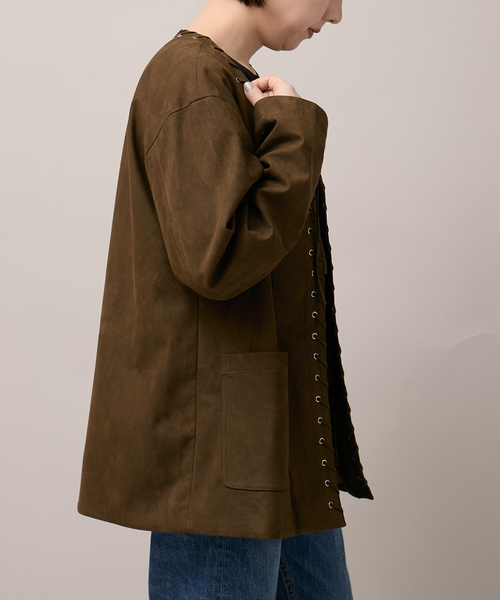 Bonum(ボナム)の「SUEDE-LIKE LACEUP JACKET(ノーカラージャケット・レディース・ブラウン・FREE)」の5枚目の写真