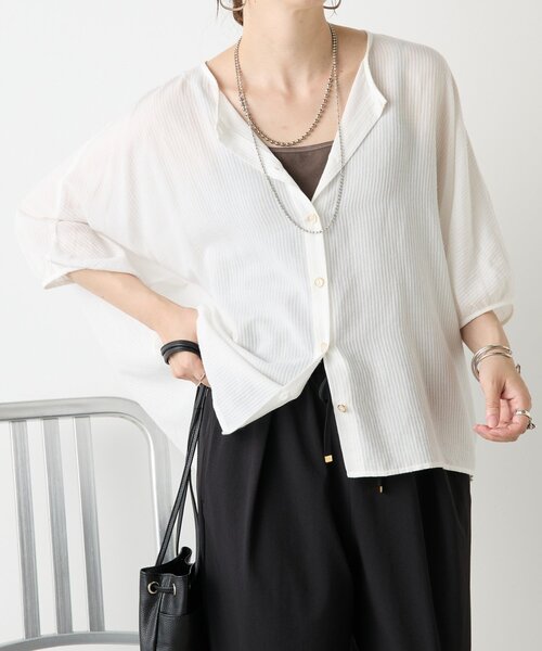 Jena espace merveilleux（ジェナ　エスパスメルヴェイユ）の「シアーサッカードルマンシャツ（シャツ/ブラウス・レディース・ブラック/オフホワイト/イエロー・FREE）」の9枚目の写真