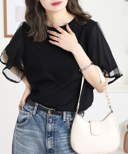 EGLANTINE(エグランティーヌ)の「EGLANTINE 袖チュールレイヤードカットソー(Tシャツ/カットソー・レディース・ブラック/カーキ/モカ・38)」の2枚目の写真