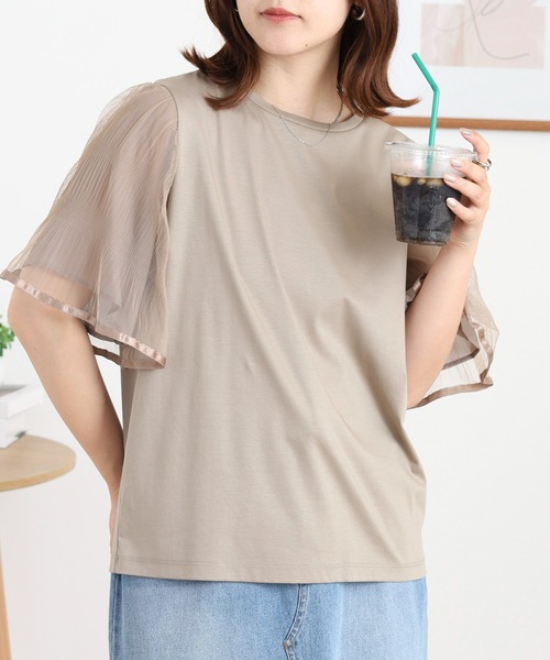EGLANTINE(エグランティーヌ)の「EGLANTINE 袖チュールレイヤードカットソー(Tシャツ/カットソー・レディース・ブラック/カーキ/モカ・38)」の3枚目の写真