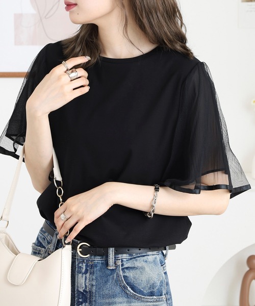 EGLANTINE(エグランティーヌ)の「EGLANTINE 袖チュールレイヤードカットソー(Tシャツ/カットソー・レディース・ブラック/カーキ/モカ・38)」の4枚目の写真