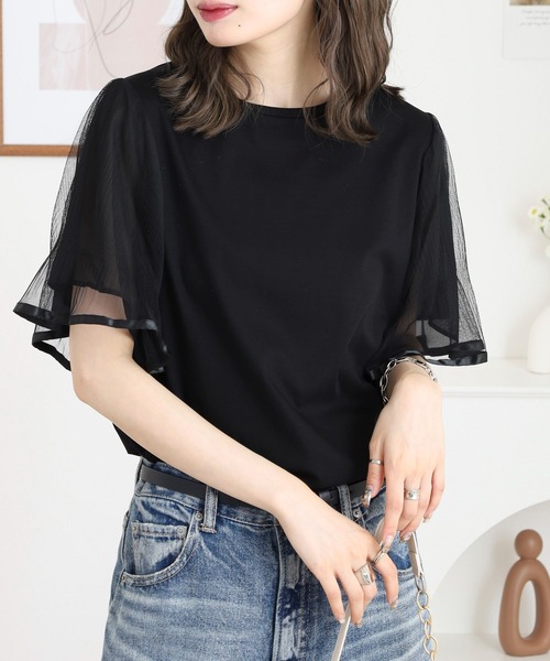 EGLANTINE(エグランティーヌ)の「EGLANTINE 袖チュールレイヤードカットソー(Tシャツ/カットソー・レディース・ブラック/カーキ/モカ・38)」の5枚目の写真