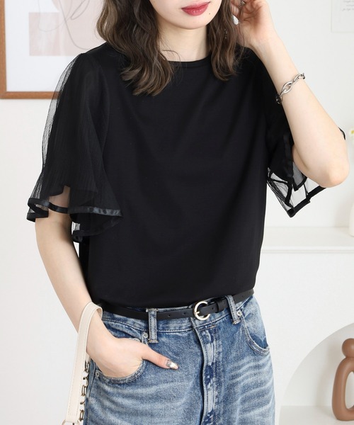 EGLANTINE(エグランティーヌ)の「EGLANTINE 袖チュールレイヤードカットソー(Tシャツ/カットソー・レディース・ブラック/カーキ/モカ・38)」の6枚目の写真