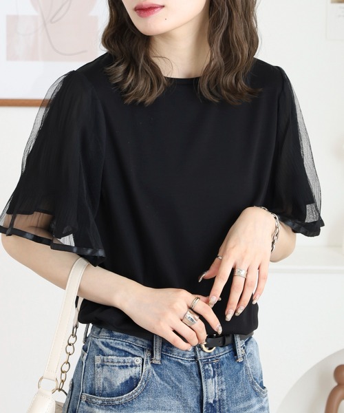 EGLANTINE(エグランティーヌ)の「EGLANTINE 袖チュールレイヤードカットソー(Tシャツ/カットソー・レディース・ブラック/カーキ/モカ・38)」の7枚目の写真