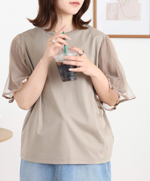 EGLANTINE(エグランティーヌ)の「EGLANTINE 袖チュールレイヤードカットソー(Tシャツ/カットソー・レディース・ブラック/カーキ/モカ・38)」の12枚目の写真