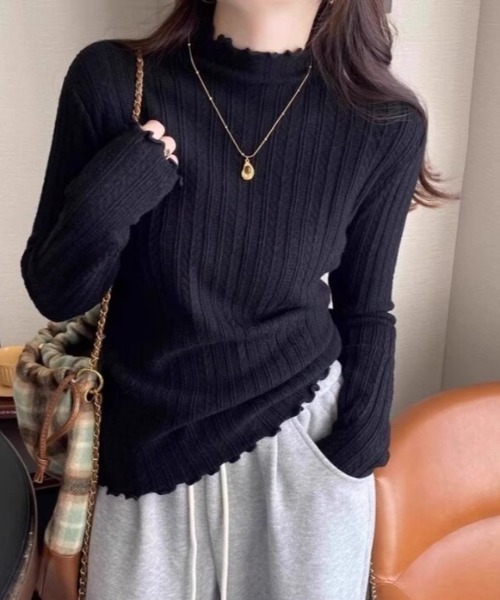 cammie(キャミー)の「プチハイネックジャガードメロートップス(Tシャツ/カットソー・レディース・ホワイト/アイボリー/ブラック・FREE)」の1枚目の写真