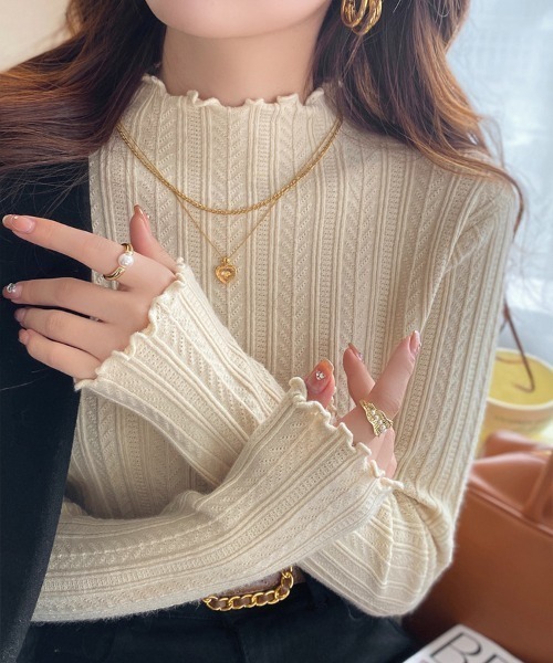 cammie(キャミー)の「プチハイネックジャガードメロートップス(Tシャツ/カットソー・レディース・ホワイト/アイボリー/ブラック・FREE)」の8枚目の写真
