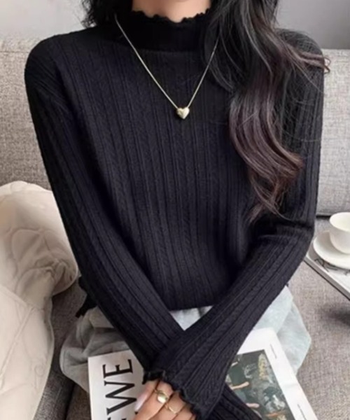 cammie(キャミー)の「プチハイネックジャガードメロートップス(Tシャツ/カットソー・レディース・ホワイト/アイボリー/ブラック・FREE)」の14枚目の写真
