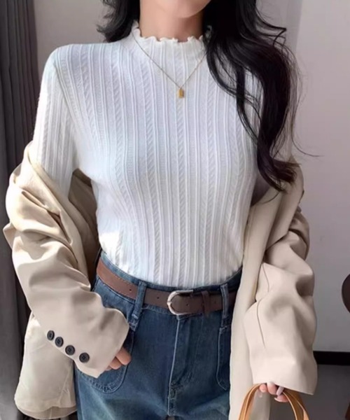 cammie(キャミー)の「プチハイネックジャガードメロートップス(Tシャツ/カットソー・レディース・ホワイト/アイボリー/ブラック・FREE)」の11枚目の写真