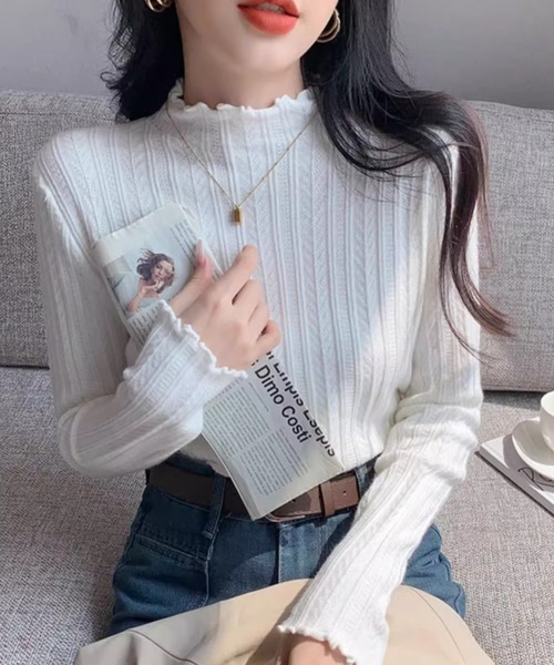 cammie(キャミー)の「プチハイネックジャガードメロートップス(Tシャツ/カットソー・レディース・ホワイト/アイボリー/ブラック・FREE)」の12枚目の写真