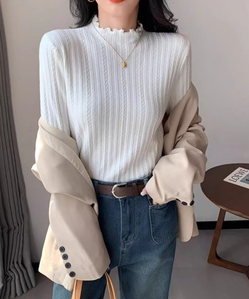 cammie(キャミー)の「プチハイネックジャガードメロートップス(Tシャツ/カットソー・レディース・ホワイト/アイボリー/ブラック・FREE)」の13枚目の写真