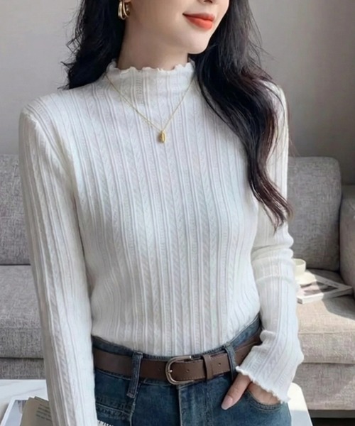 cammie(キャミー)の「プチハイネックジャガードメロートップス(Tシャツ/カットソー・レディース・ホワイト/アイボリー/ブラック・FREE)」の17枚目の写真