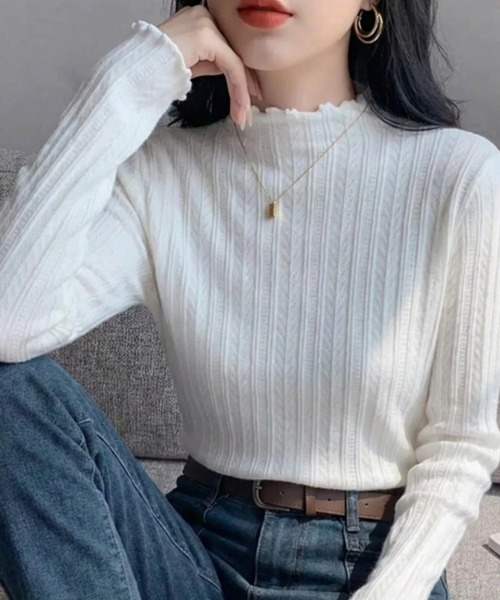 cammie(キャミー)の「プチハイネックジャガードメロートップス(Tシャツ/カットソー・レディース・ホワイト/アイボリー/ブラック・FREE)」の16枚目の写真