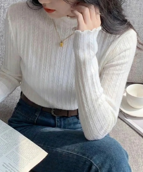 cammie(キャミー)の「プチハイネックジャガードメロートップス(Tシャツ/カットソー・レディース・ホワイト/アイボリー/ブラック・FREE)」の18枚目の写真